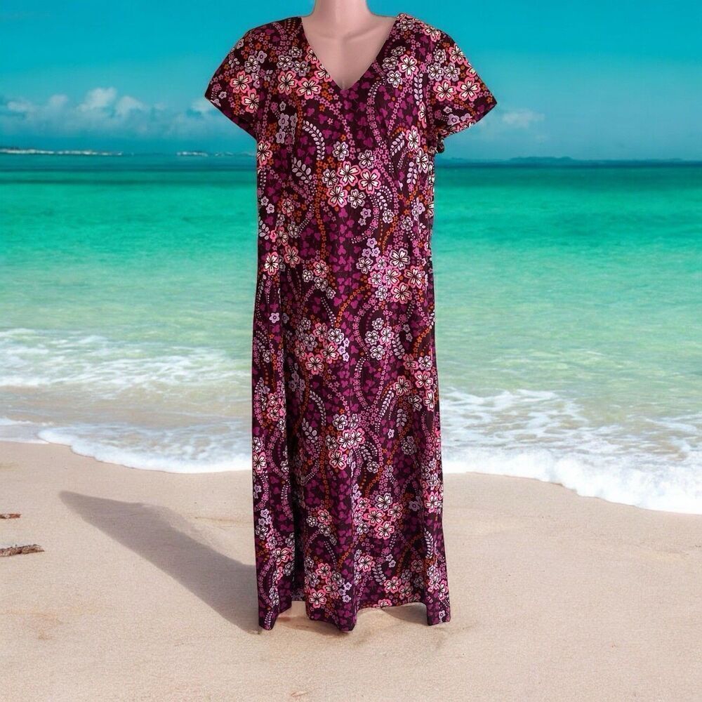 Vintage 60s Hawaiian MuuMuu Dress M Handmade Pink Purple Floral Maxi Flourescent